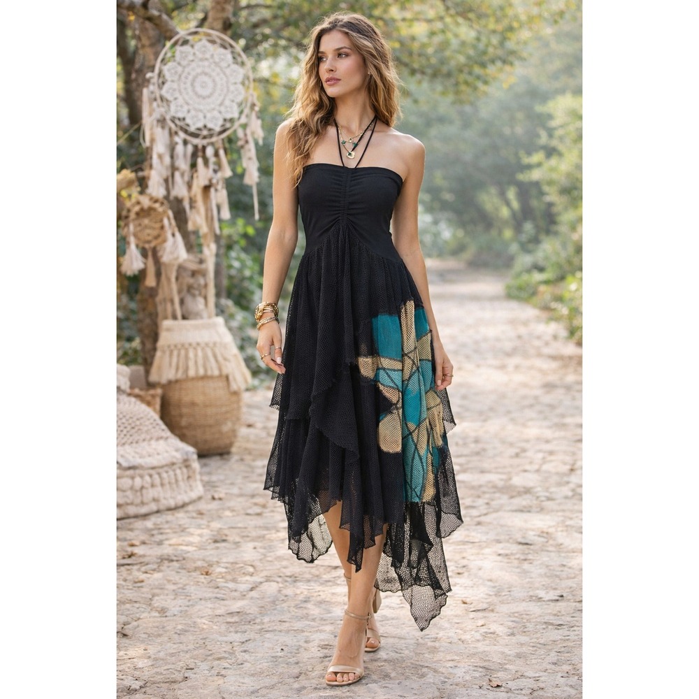 Halter Dress Small Black Mesh Asymmetric Tiered‎ Boho Festival Whimsigoth Resort